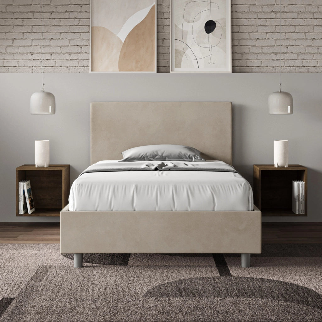 BS COM Letto una piazza e mezza con rete imbottito 110x210 microfibra sabbia