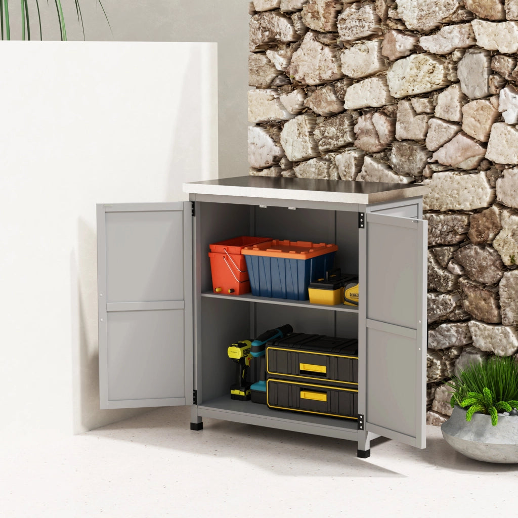 Casetta da giardino in legno, per esterni, resistente alle intemperie, con piano di lavoro, doppie ante, ripiano, armadietto porta attrezzi,