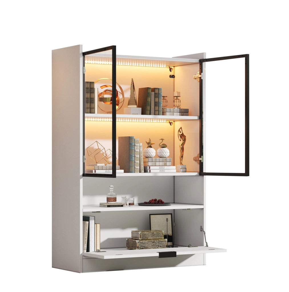 Vetrina 120x80x35 cm con illuminazione LED e ante in vetro; pannello truciolare bianco
