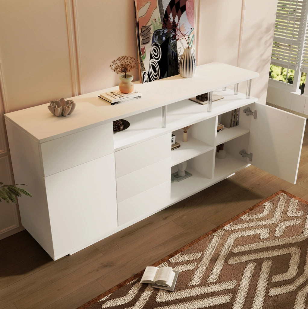 Sideboard bianco 160x40x75 cm con LED; ante e cassetti in MDF e acrilico