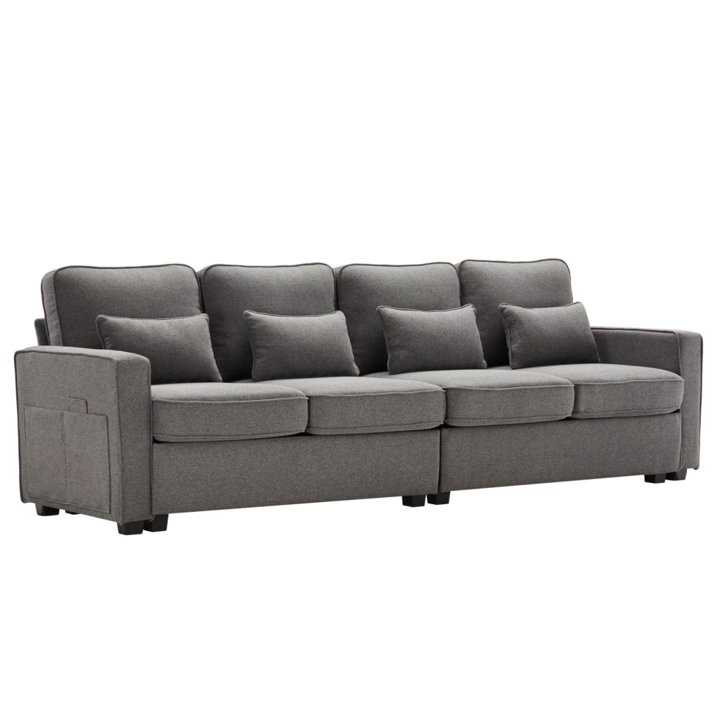 Divano 264x83x87 cm con tasche portaoggetti e 4 cuscini lombari in lino grigio scuro