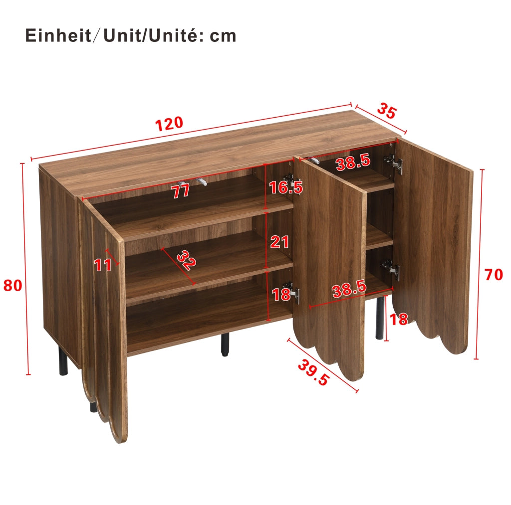 Sideboard moderno 120x35x80 cm in MDF effetto noce; ante ondulate e ripiani regolabili