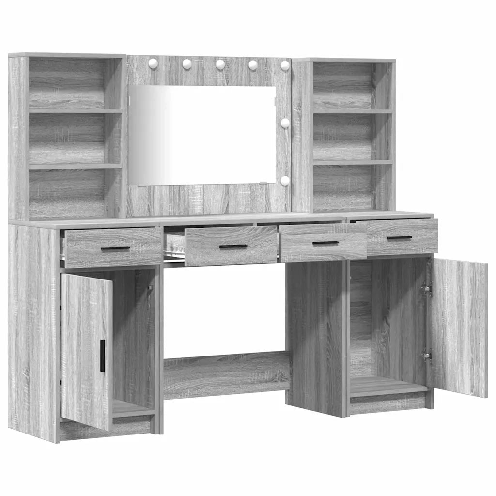 Set da Toeletta | Tavolo da Trucco con LED con porta 3 pz Grigio Sonoma
