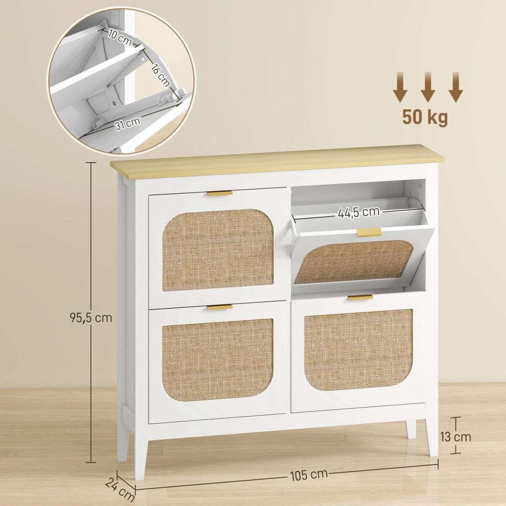 Scarpiera con 4 cassetti e ante effetto rattan ¨C Zephmum ¨C Bianco 105x24x95.5 cm