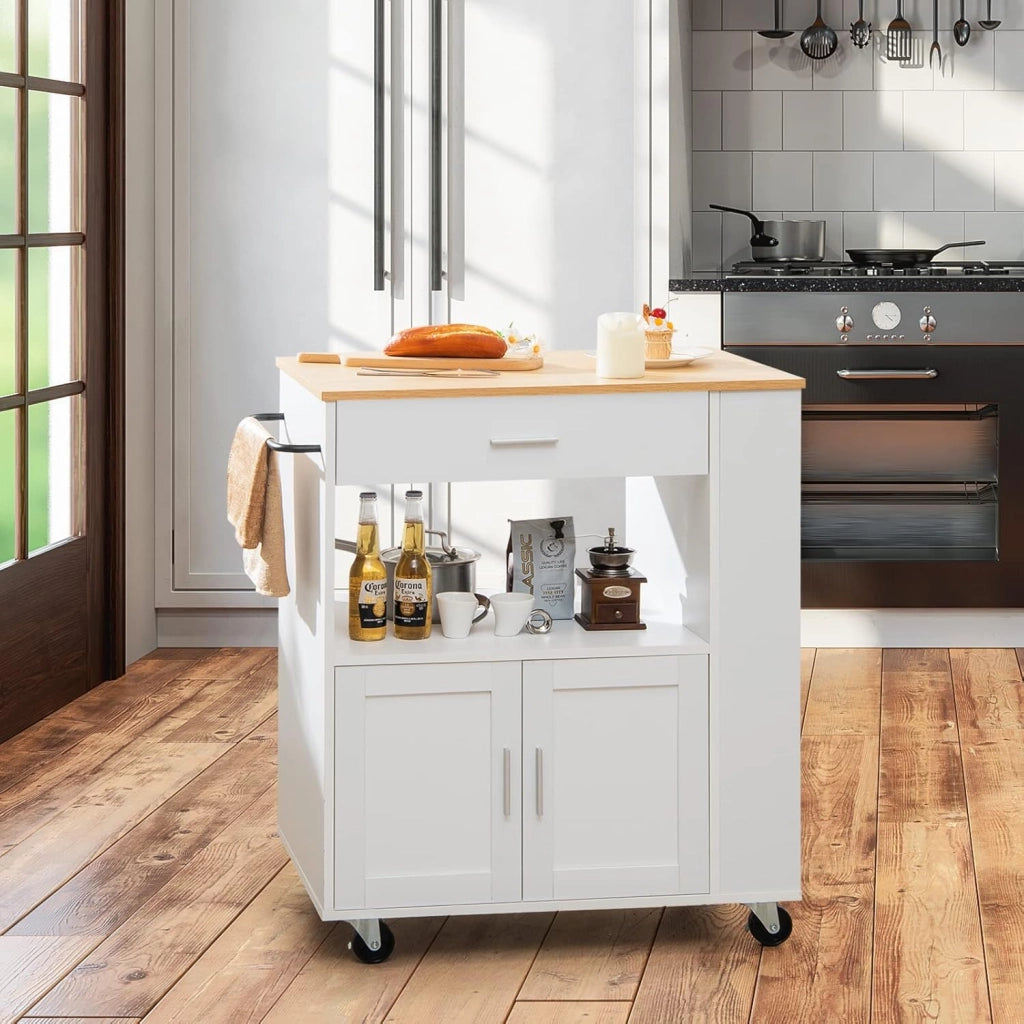 Carrello da Cucina con Ruote, Isola da Cucina con 3 Portaspezie 1 Cassetto Armadietto a 2 Porte, Carrello Portaoggetti con Portasciugamani, 82x46x92 cm (Bianco)