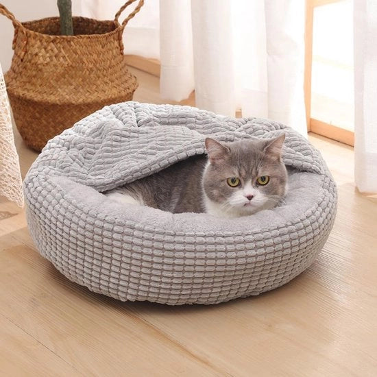 Letto per cani gatto con cappuccio, cuscino per cani gatto, soffice per cani gatto, cuscino per cani gatto, dimensioni 50 * 50 * 22cm, antislip, lavabile, per piccoli cani gatti, colore grigio.
