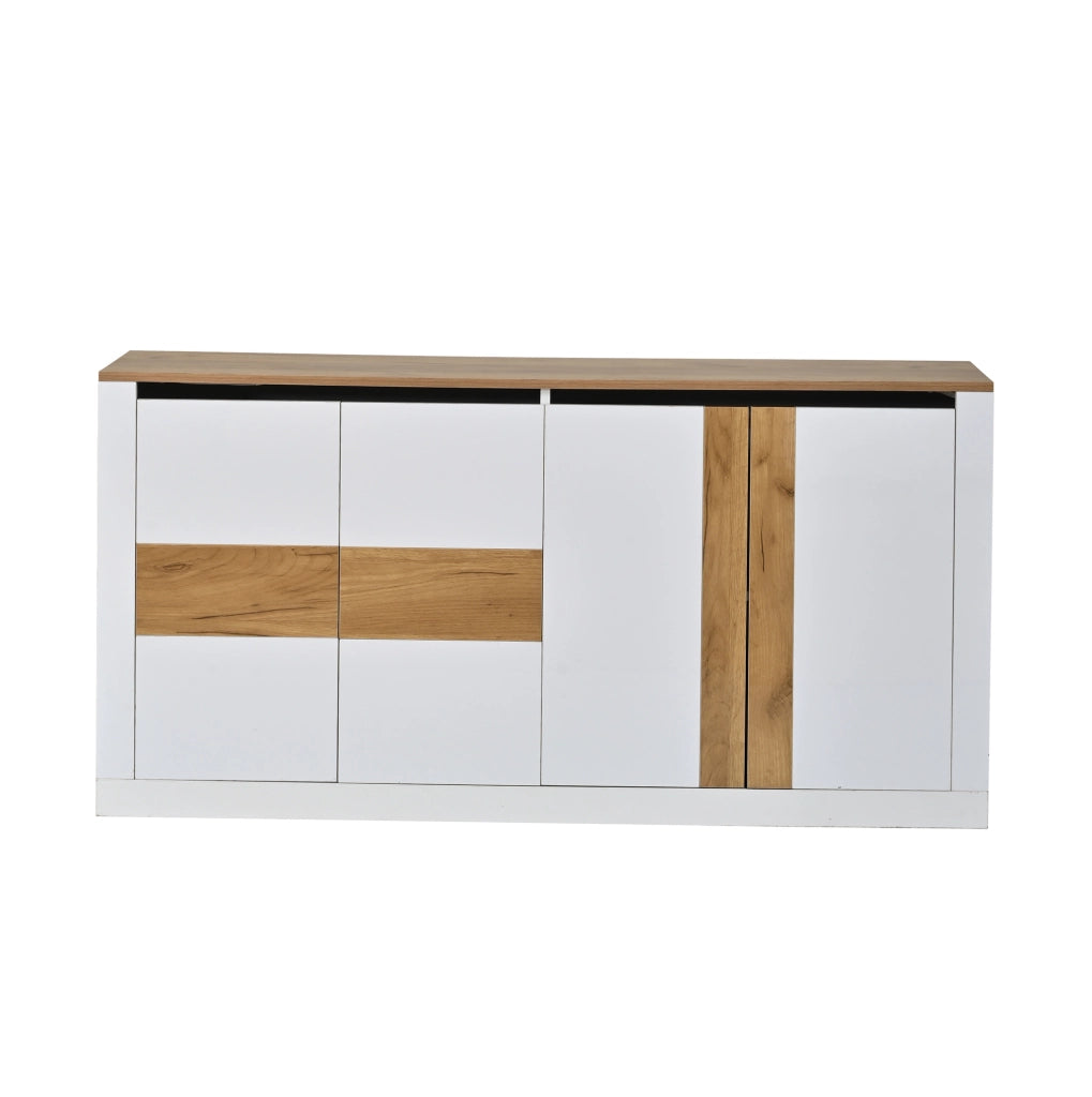 Sideboard moderno 140x35x70 cm in MDF con 4 porte e LED RGB; bianco e rovere naturale