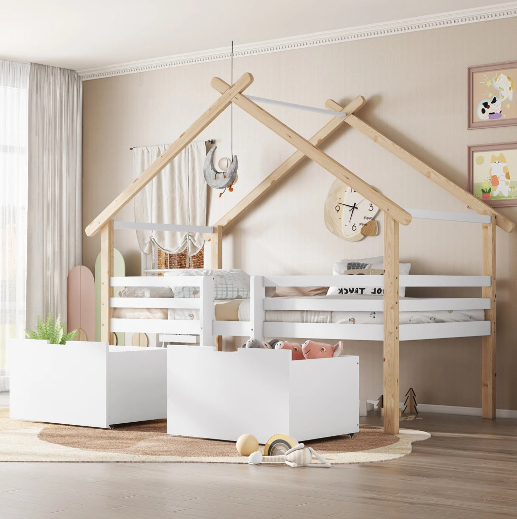 Letto a casetta 90x200 cm semialto con scala e 2 armadietti in legno e MDF bianco e naturale