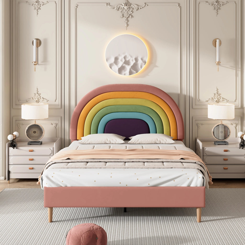 DESMIU Letto matrimoniale 140 × 200 cm 2 posti con testiera regolabile, senza materasso, in velluto, rosa