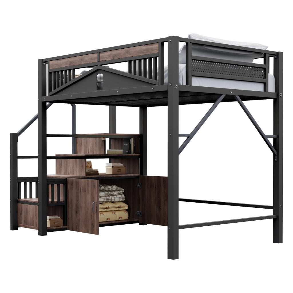 Letto a soppalco in metallo con scala contenitore; protezione a finestra e spazio sotto il letto; nero; 140x200 cm; senza materasso