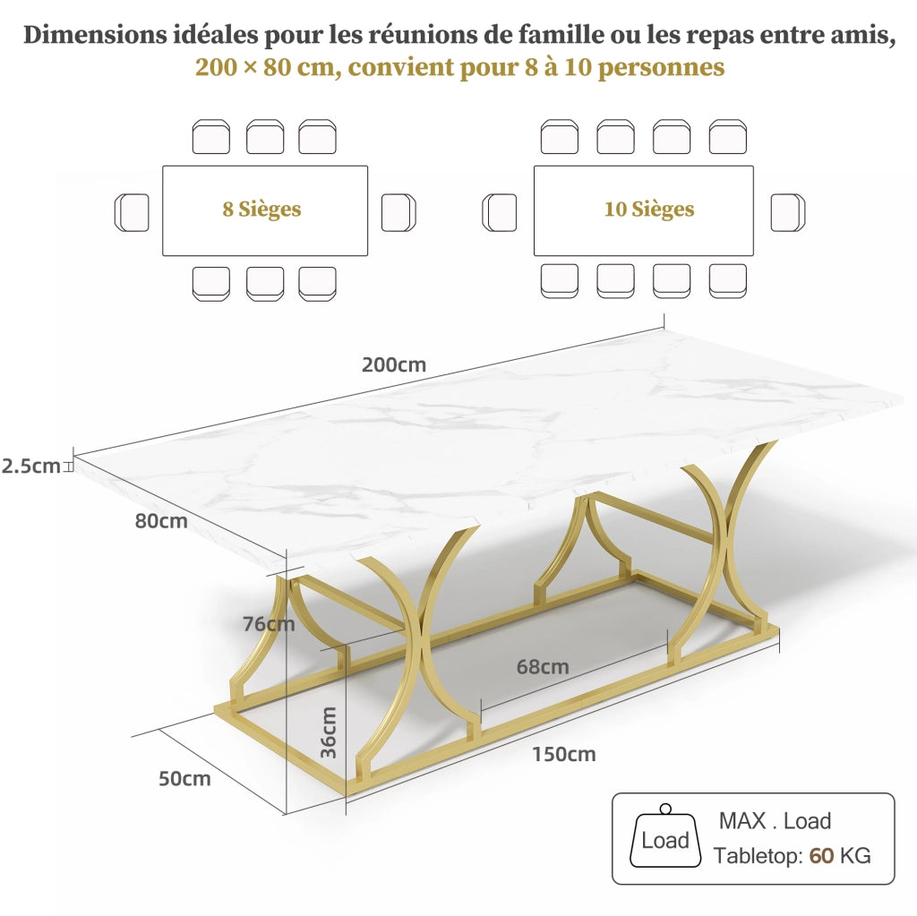 Tavolo da pranzo 200x80x76 cm; effetto marmo; resistente ad acqua e graffi; MDF; bianco oro