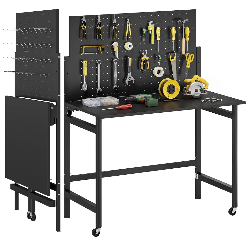 Banco da lavoro mobile pieghevole con pannello forato ¨C Minimal ¨C Nero, acciaio, 120x60x90 cm