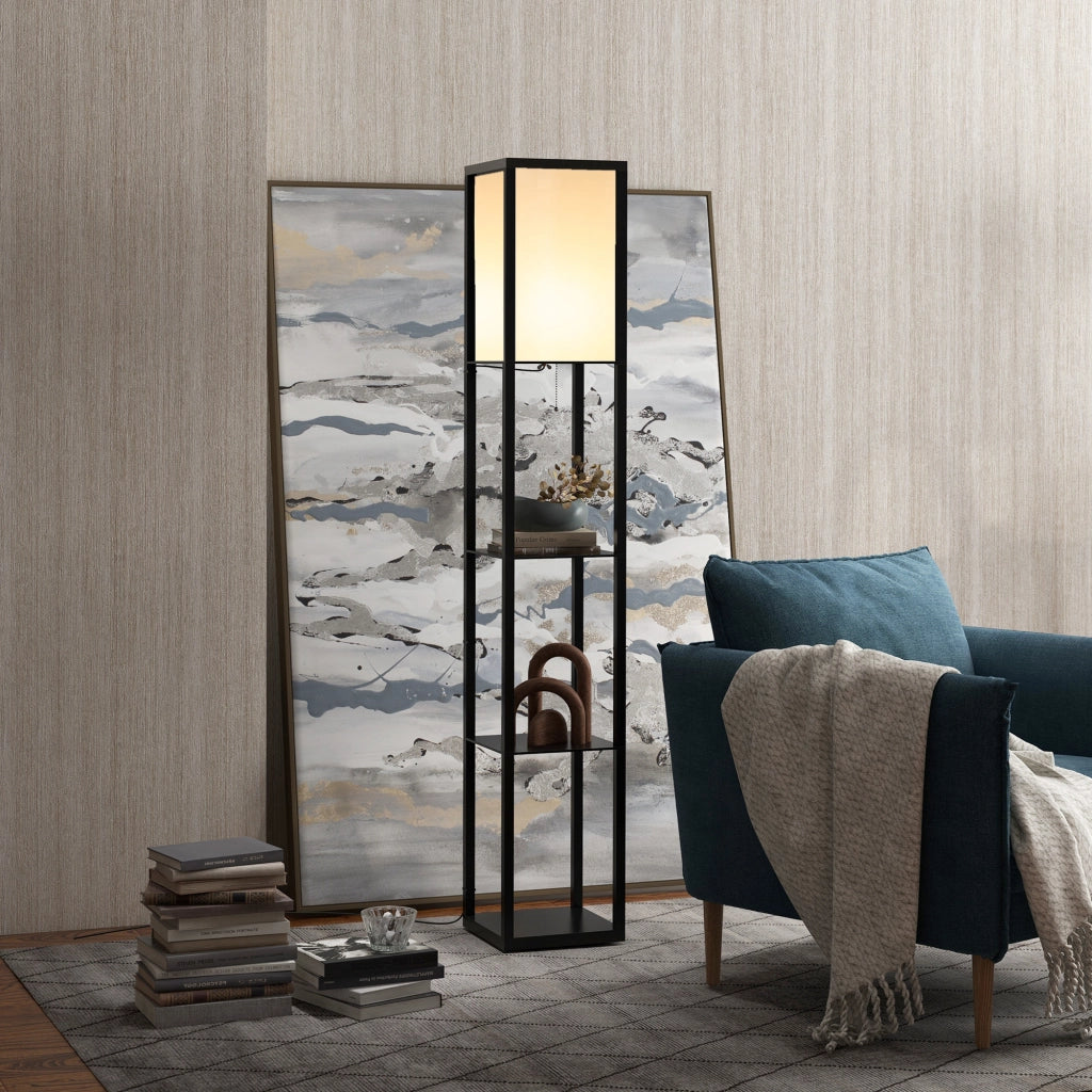 Lampada da terra con ripiani, attacco E27 fino a 40W (lampadina non inclusa), illuminazione per interni per soggiorno e camera da letto, legno nero,
