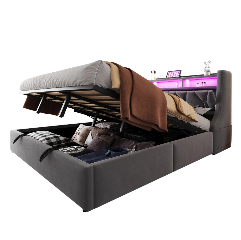 Letto contenitore imbottito 180x200 cm con LED, prese integrate e testiera con vano