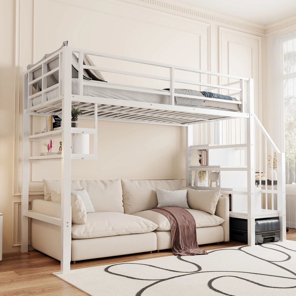 LETTO A CASTELLO 90x200 cm con ripiani, scala contenitore, bianco