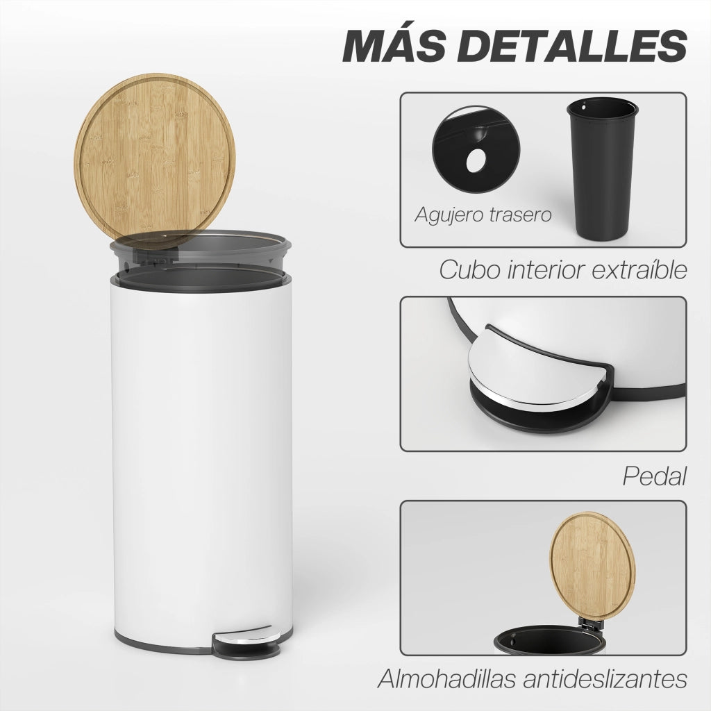 Cestino 30L con Pedale e Tappo in Bamb¨´ ¨C Zephmum ¨C Bianco