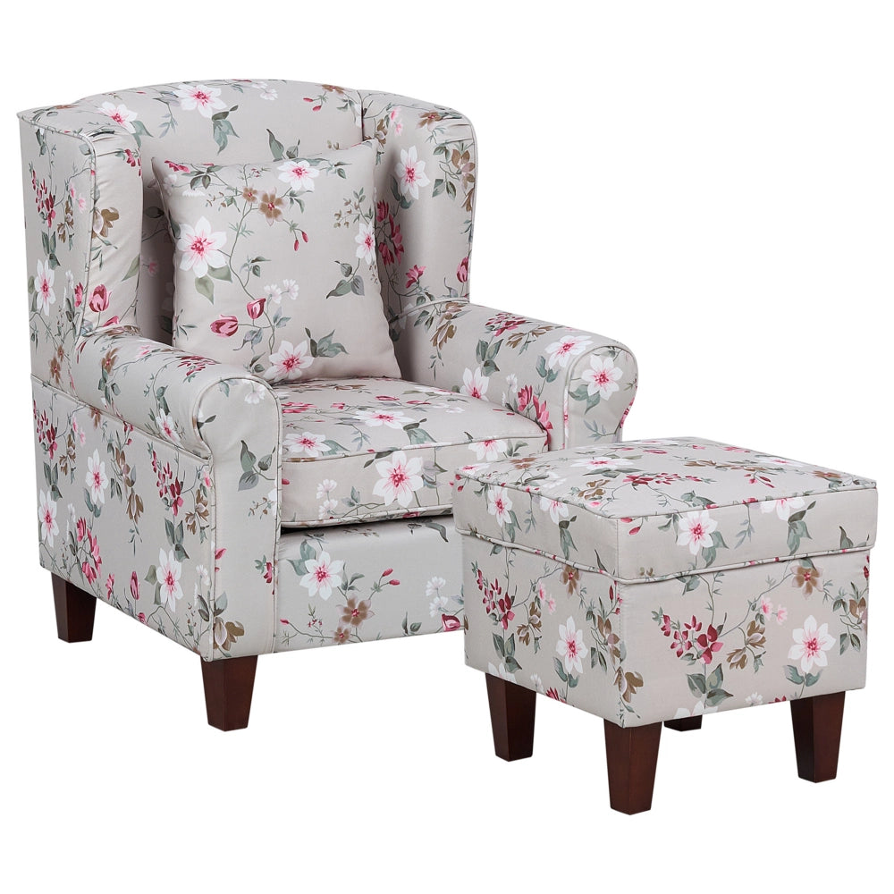 Poltrona con poggiapiedi Tessuto a motivi floreali grigio chiaro Gambe in legno Stile Wingback