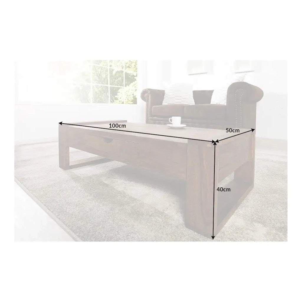 Tavolino basso MOKARA 100 cm in legno massiccio di sheesham con cassetto stile contemporaneo
