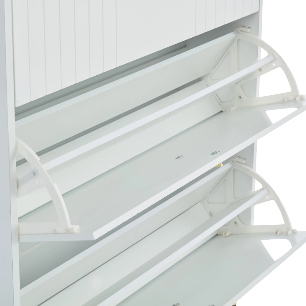 Scarpiera con 3 ribalte e ripiani regolabili in MDF bianco opaco con piedini e maniglie oro 80 × 23 × 123.5 cm