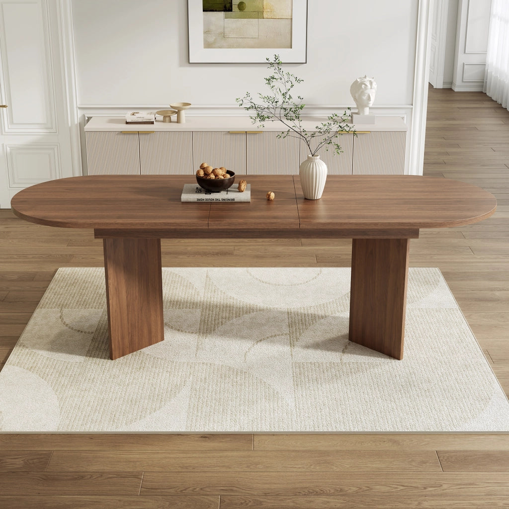 Tavolo da pranzo allungabile con piano spesso e angoli arrotondati per 6-8 persone in sala da pranzo; noce; 200×90×75 cm