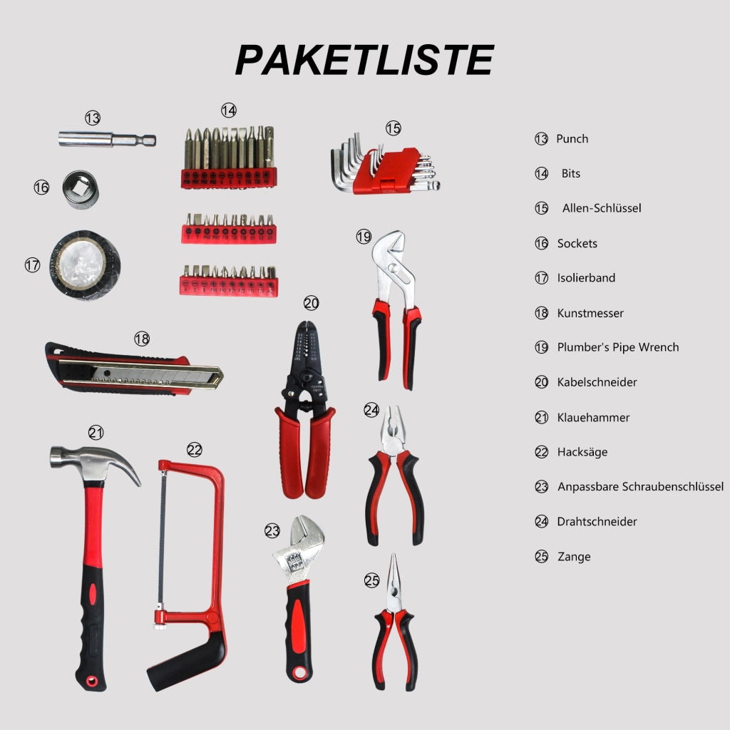 Set di utensili manuali neri, composto da 238 pezzi.