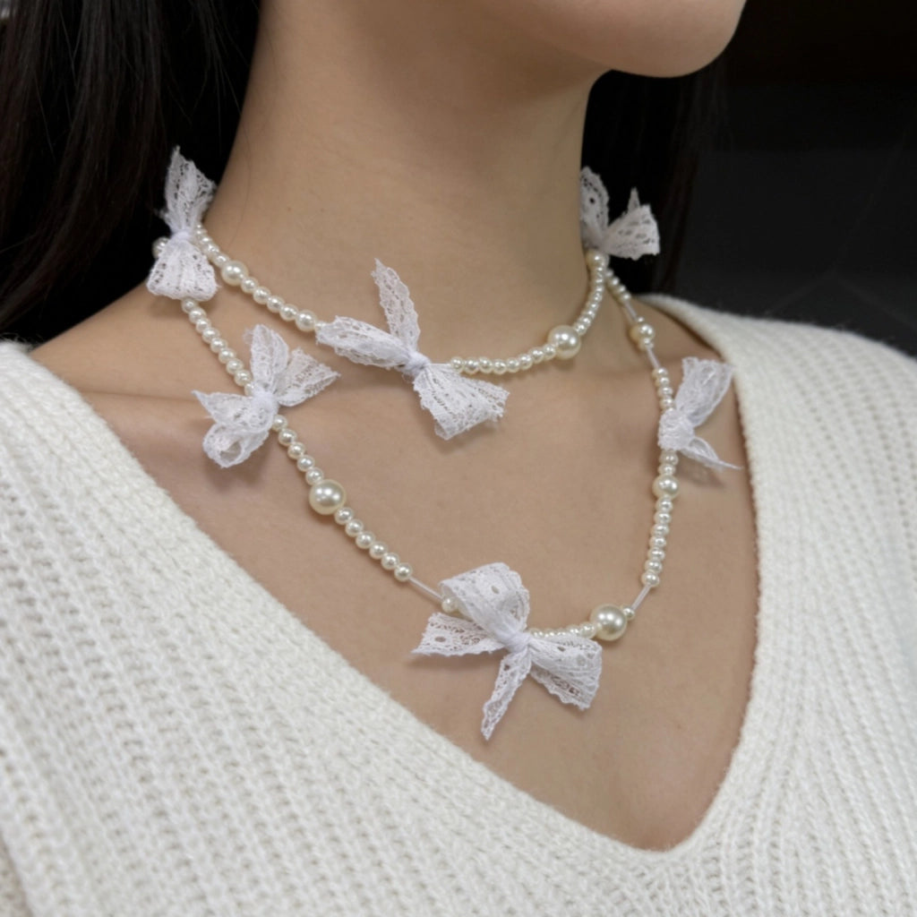 Collana di lusso con fiocco in pizzo e perle