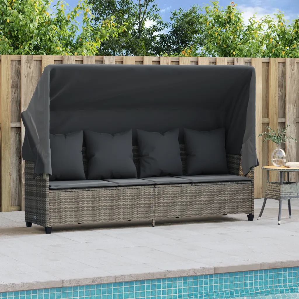 Lettino Prendisole con Baldacchino e Cuscini Grigio Polyrattan 368355