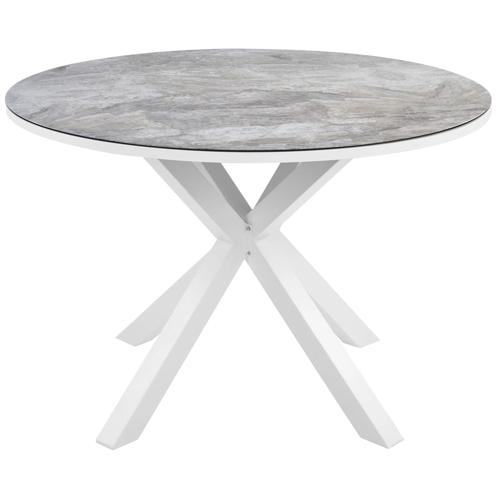 Set da pranzo 4 posti composto da tavolo in alluminio con piano in vetro ceramico grigio e sedie con cuscini grigi giardino terrazzo elegante