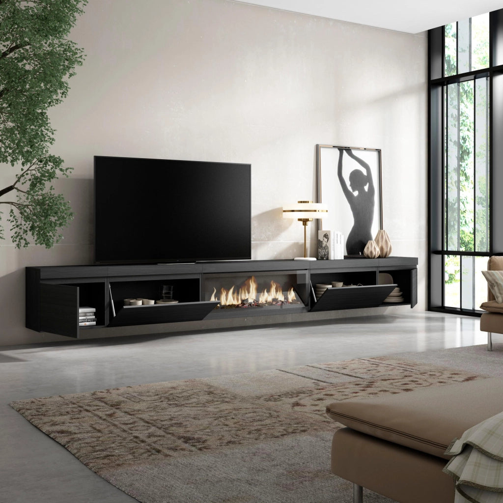 Mobile TV Soggiorno, 368x35x45, Camino elettrico XXL, da appendere, Nero RF3685