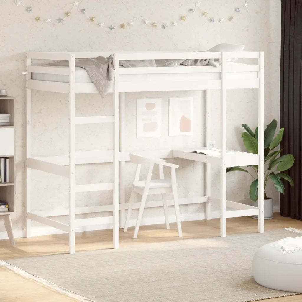 Letto Soppalco con Scrivania Bianco 90x200 cm Massello Pino