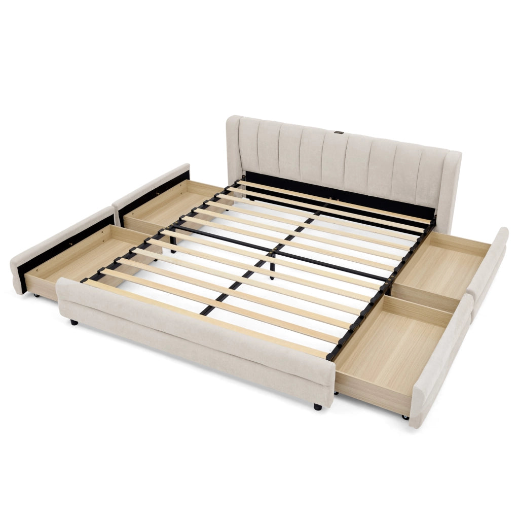 Letto matrimoniale 140x200 cm con 4 cassetti; porta USB; in chenille beige