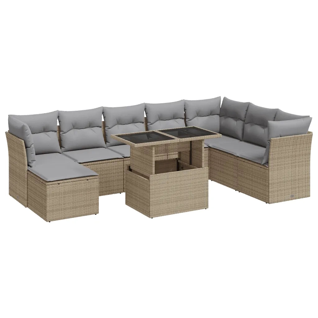 Set Divano da Giardino 9 pz con Cuscini Beige in Polyrattan 3326210