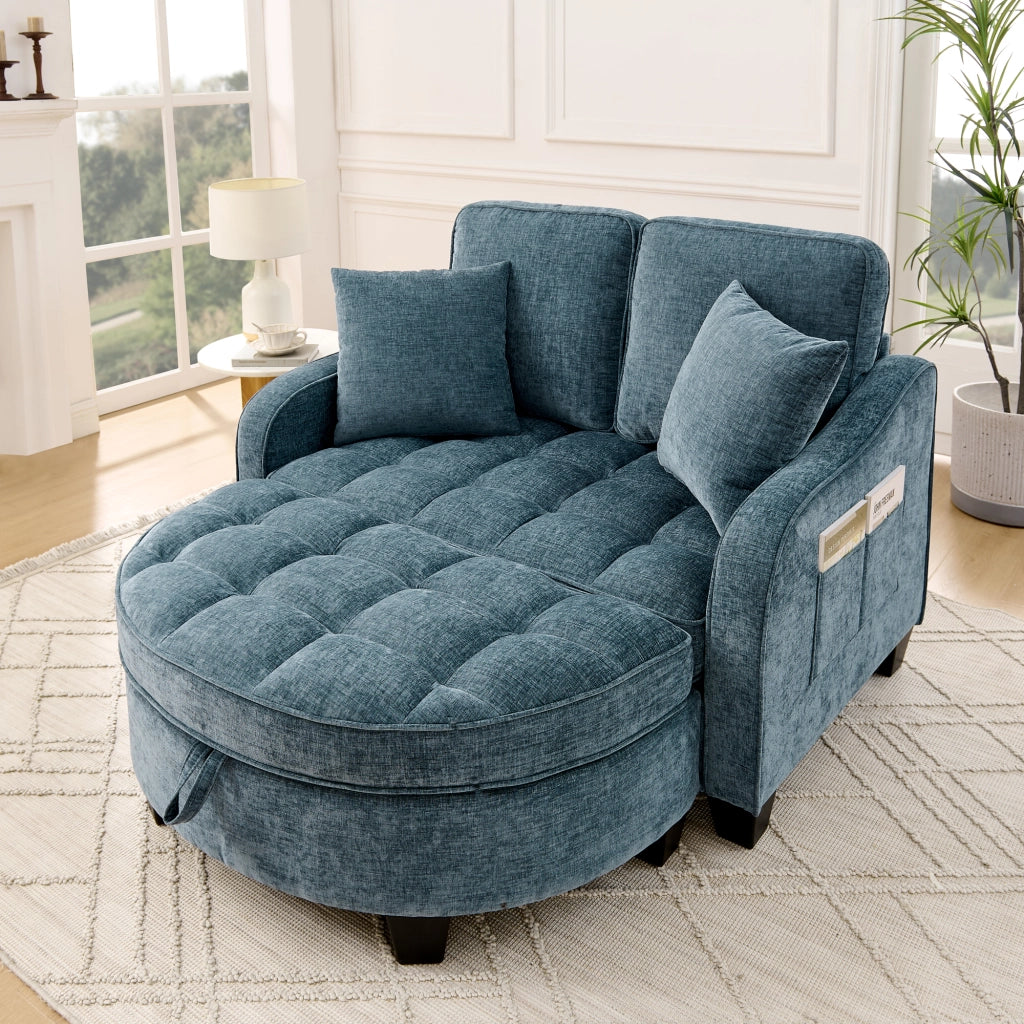 Divano letto trasformabile con pouf contenitore, funzione chaise longue e letto, struttura in eucalipto, tessuto blu