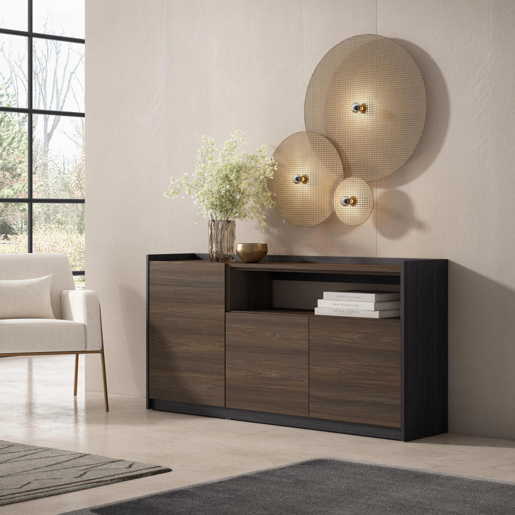Credenza, Mobile, Cucina, 156x80x37 cm, 3 Porte, grande stoccaggio, Rovere scuro e Nero
