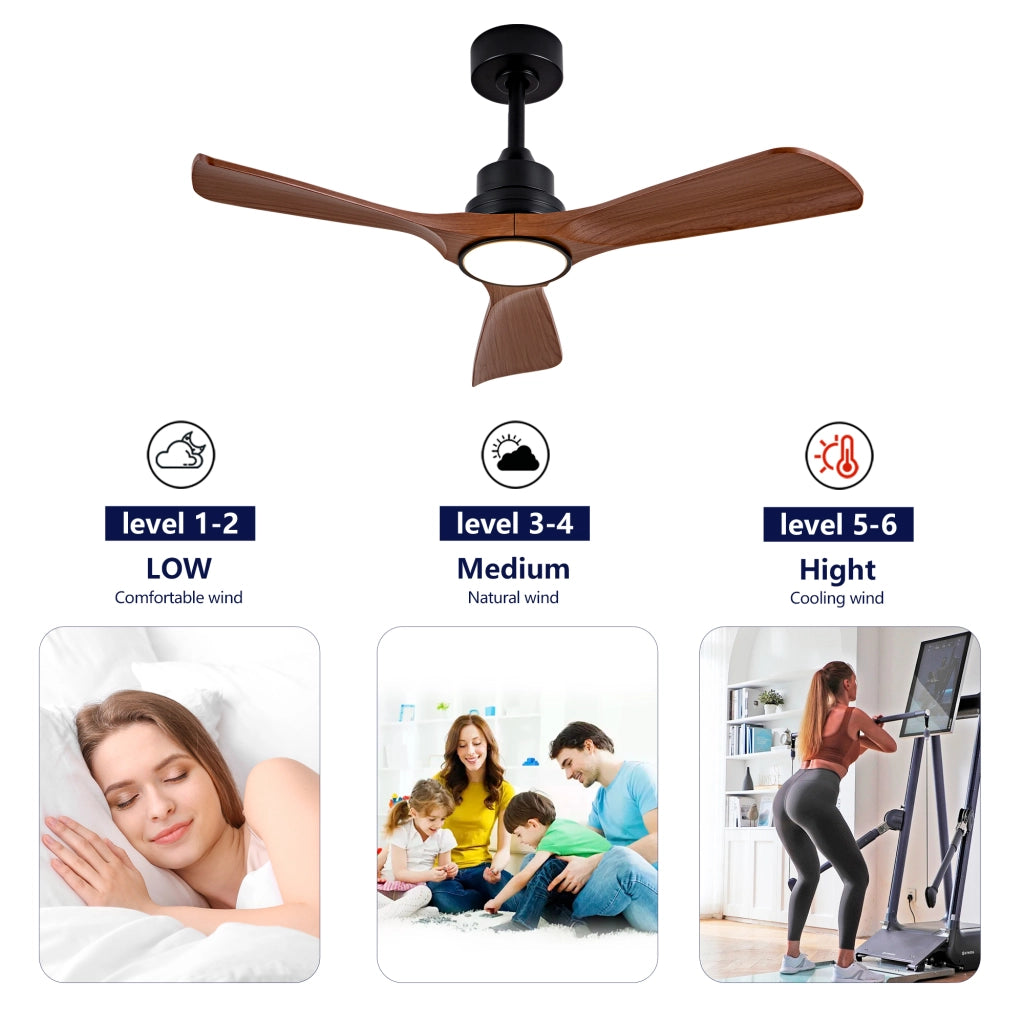 Ventilatore da soffitto con luce e telecomando, motore dc silenzioso, alette in abs nero e noce scuro