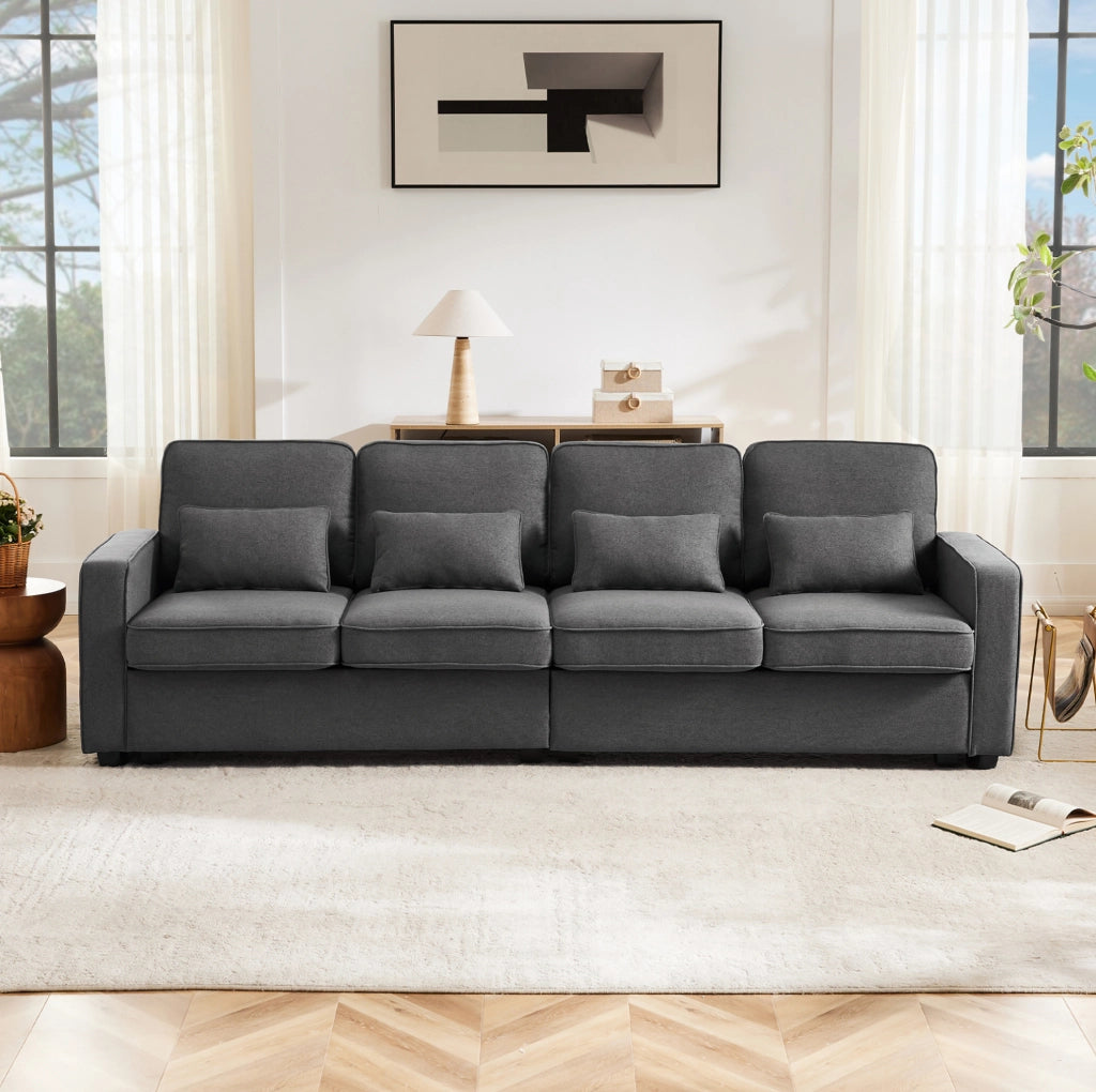 Divano 264x83x87 cm con tasche portaoggetti e 4 cuscini lombari in lino grigio scuro