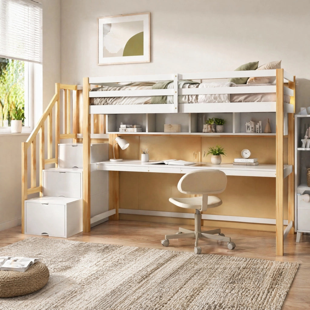 LETTO A SOPPALCO per bambini 90x200 cm con scrivania e scala contenitore bianco e rovere