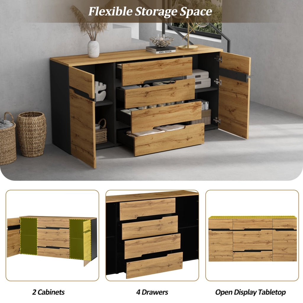 Credenza con 2 ante e 4 cassetti con ripiani e vano contenitore per soggiorno; in truciolare; nero e legno; 160×40×80 cm