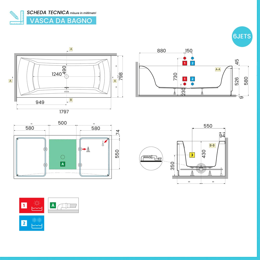 Vasca da bagno idromassaggio 180x80 a 6 JET bianco lucido con cuscino antibatterico Ypsilon