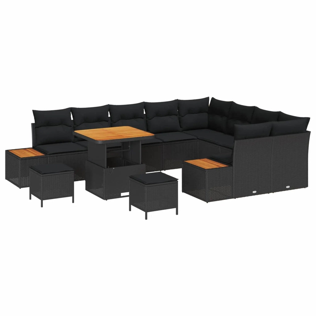 Set Divano da Giardino con cuscino 12 pcs Nero Poly Rattan