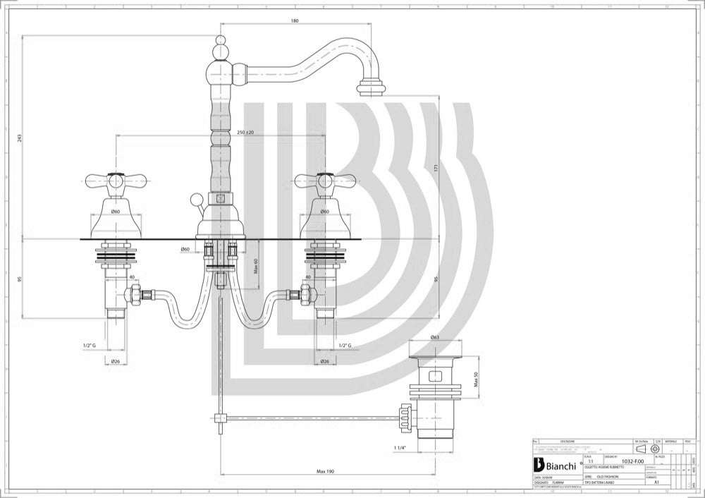 Batteria lavabo tre fori con bocca girevole e scarico OLD FASHION Cromo