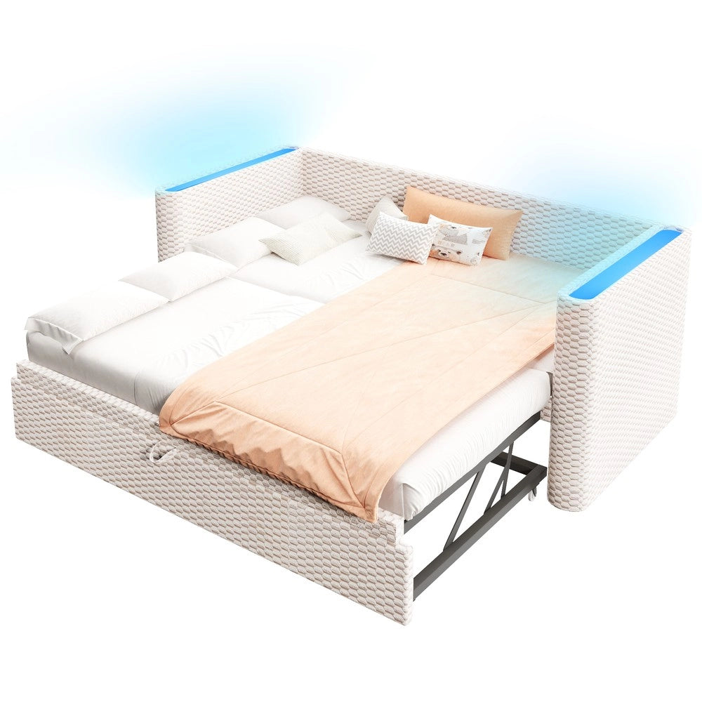 Letto di Giorno Estraibile con LED ¨C MINIMAL ¨C Velluto Beige, 90x200 / 180x200, Rete a Doghe