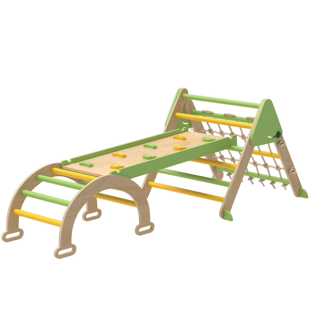 Triangolo da arrampicata 8 in 1 con rampa doppia faccia, arco e scivolo in legno ¨C Xylo ¨C Verde