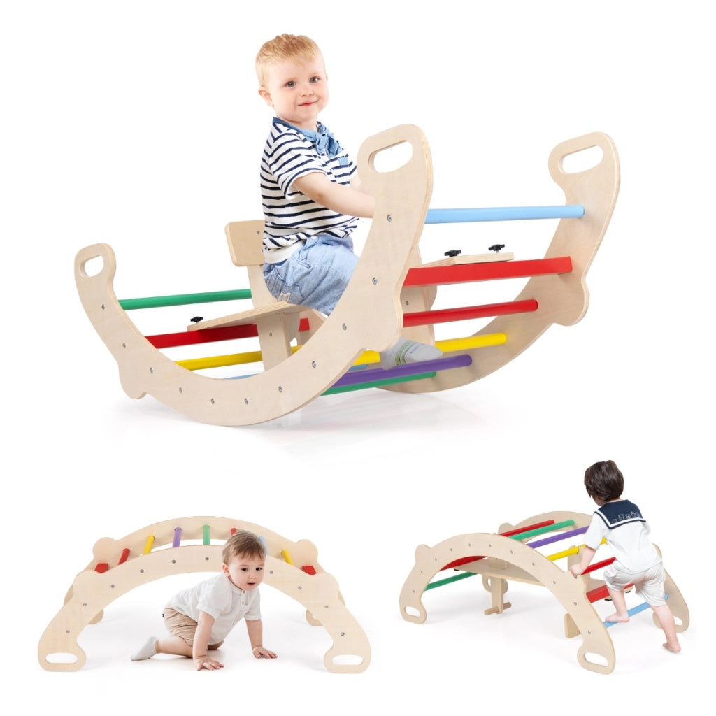 Arco cavallo a dondolo multifunzionale, Giocattoli di arrampicata in legno 4-in-1 per bambini dai 1-5 anni Multicolore-Arrampicate e scivoli