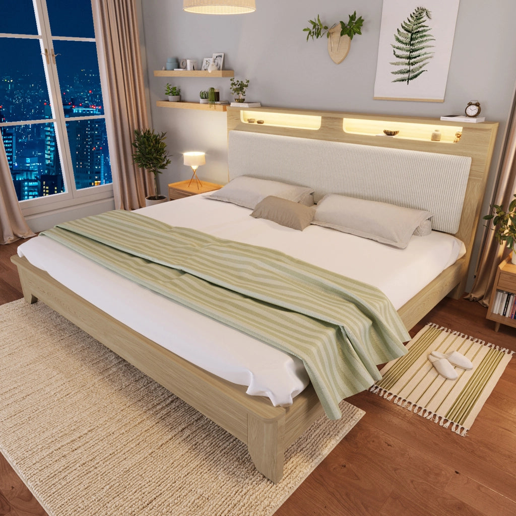 Letto matrimoniale in legno 160x200 cm con testiera portaoggetti; LED e schienale in velluto a coste; rovere chiaro e beige