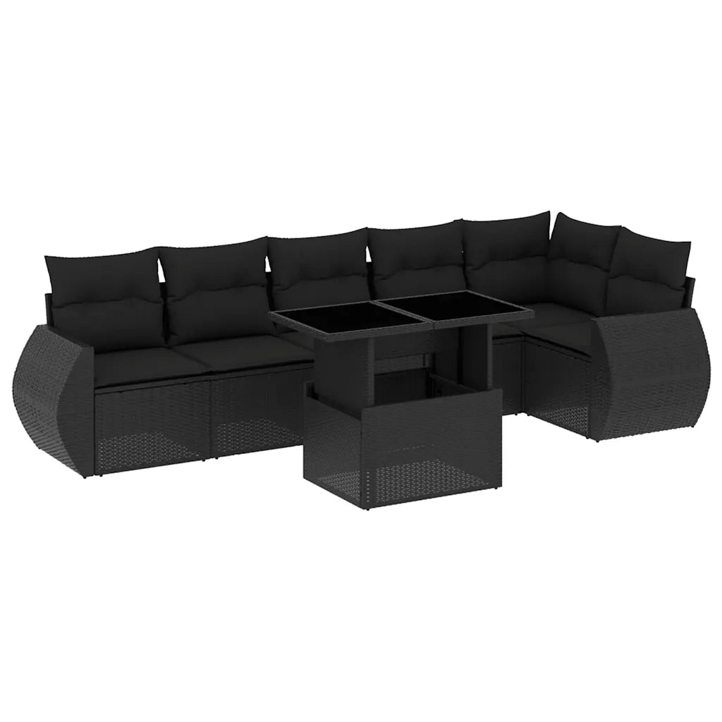 Set Divani da Giardino con Cuscini 7pz Nero Polyrattan