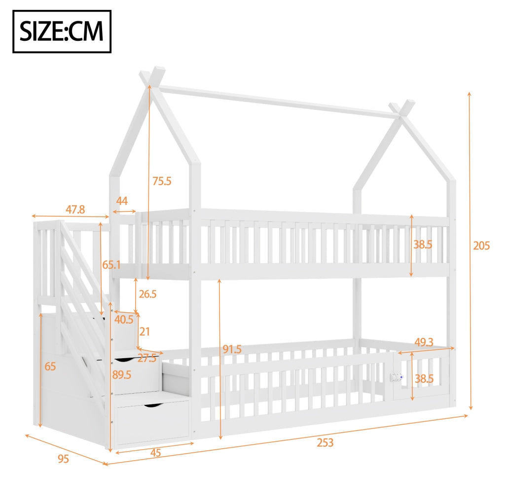 Letto a castello per bambini 90x200 cm con tetto, scala sicura e cassetti