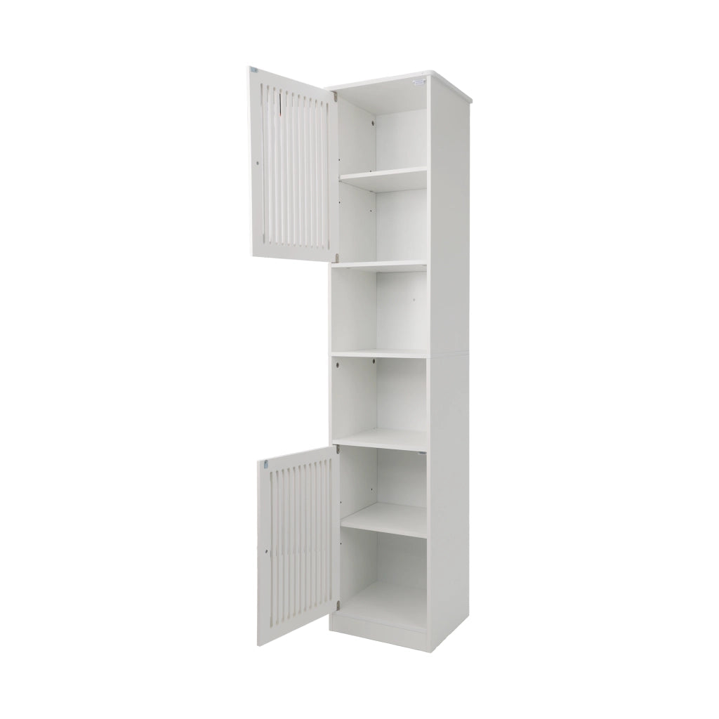 Mobile bagno alto con ripiani regolabili e 2 vani aperti; per bagno; bianco