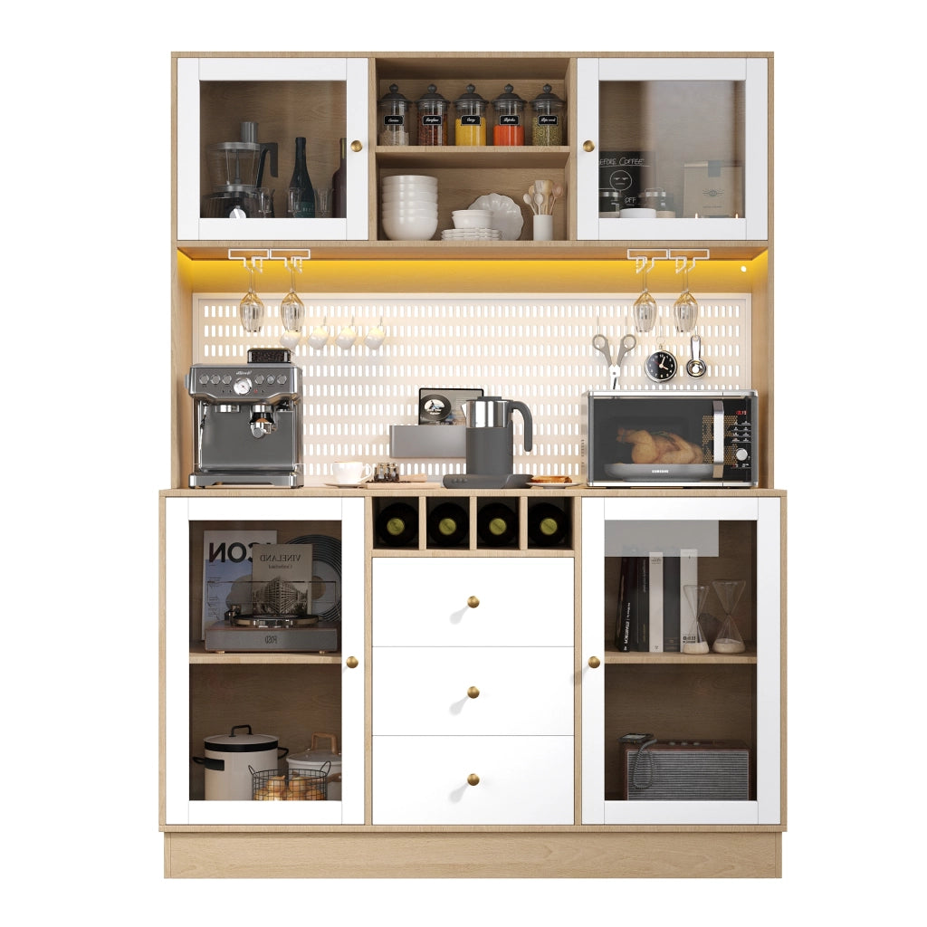 Credenza alta da cucina con cassetto; portabottiglie; portabicchieri; ripiani regolabili e LED per cucina in MDF e vetro 140x40x185;7 cm Bianco