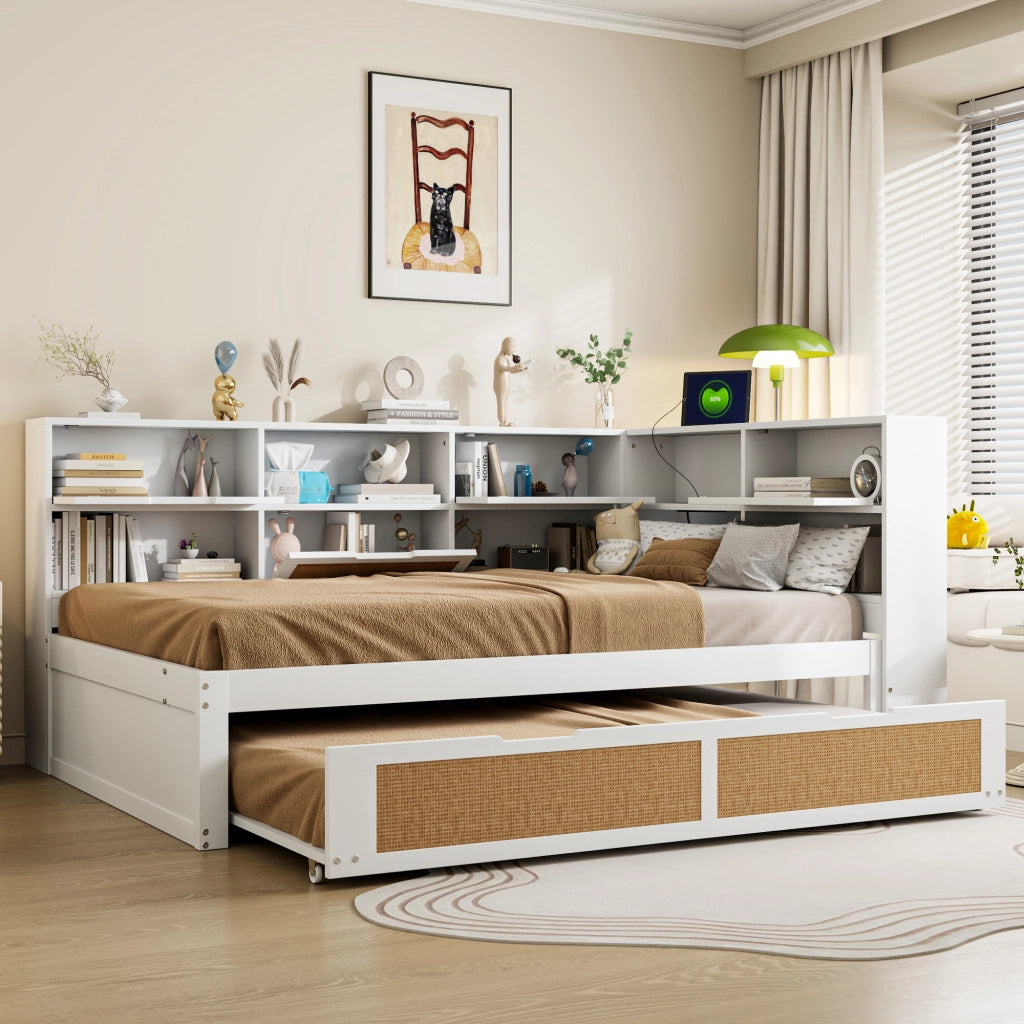 DESMIU Divano Letto 140 × 200 cm con Letto Estraibile 90 × 190 cm, prese USB, senza materasso, in legno, bianco